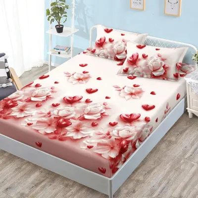 Cearsaf cu Elastic, Bumbac Satinat, 160x200 cm + 2 Fete de Perna 50x70 cm, Rosu Corai, inimioare si flori