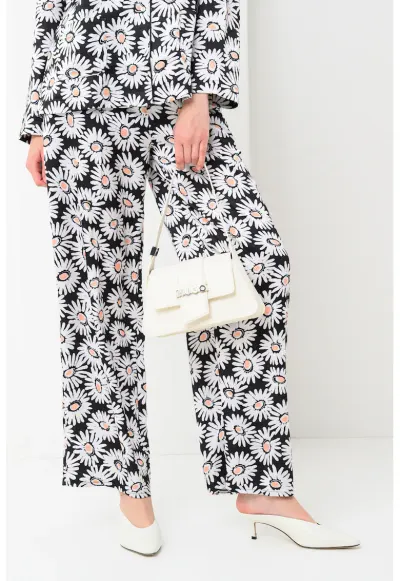 Pantaloni florali cu croiala ampla - Alb/Negru/Piersica
