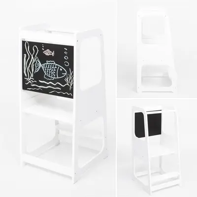 Turn de invatare din lemn pin si MDF Ginger Home design Montessori Tower cu tabla si inaltime reglabila,margini si colturi rotunjite pentru siguranta maxima,structura stabila in forma A,dimensiune 40x44x90 cm