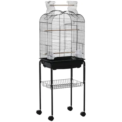 PawHut Colivie pentru Pasari cu 3 Stinghii, 2 Boluri si 2 Usi Laterale, Colivie pentru Animale din Otel, PP si Lemn, 46x36x130 cm, Neagra