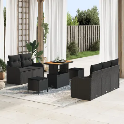 Set de sofa de gradina Gossi 8 piese cu pernute negru poliratan acacia, sofa de gradina Gossi 2 locuri cu depozitare si pernari negru poliratan, set de dining de gradina Gossi 3 piese cu pernute negru poliratan acacia