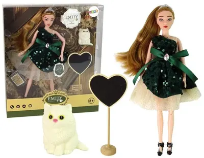 Păpuşă Lean Toys - Emily, cu pisicuță și rochie de seară verde, 30 cm