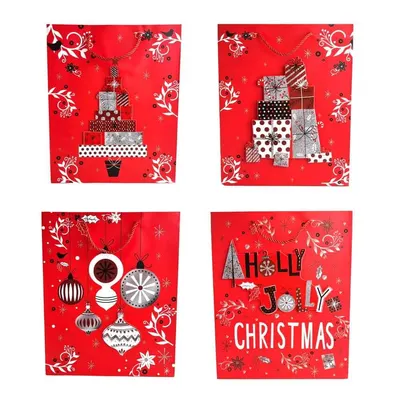 Pungi cadou Crăciun roșii 3D cu slipici model aleatoriu (set 12 buc) - Mică - 18x24x8,5cm