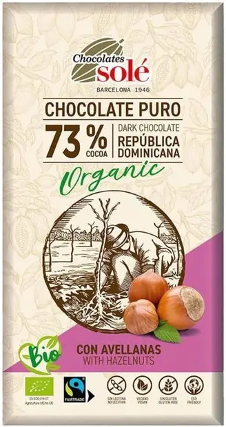 Ciocolată neagră organică cu alune, 73% cacao, 150 g, Chocolates Solé