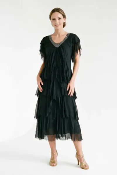 Rochie lunga din matase cu volane suprapuse asimetrice si paiete fine la decolteu, neagra