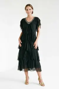 Rochie lunga din matase cu volane suprapuse asimetrice si paiete fine la decolteu, neagra