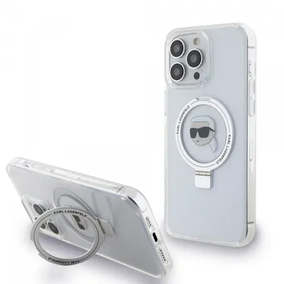 Husa MagSafe pentru Apple iPhone 15 Pro Max, Karl Lagerfeld, Ring Stand Karl's Head, Alba