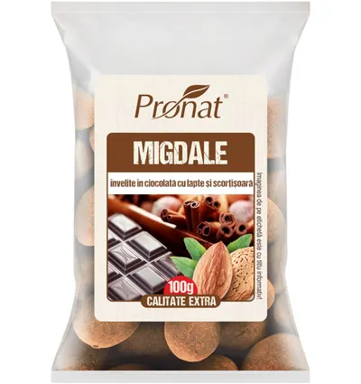 Migdale invelite in ciocolata cu lapte si scortisoara, 100g, Pronat