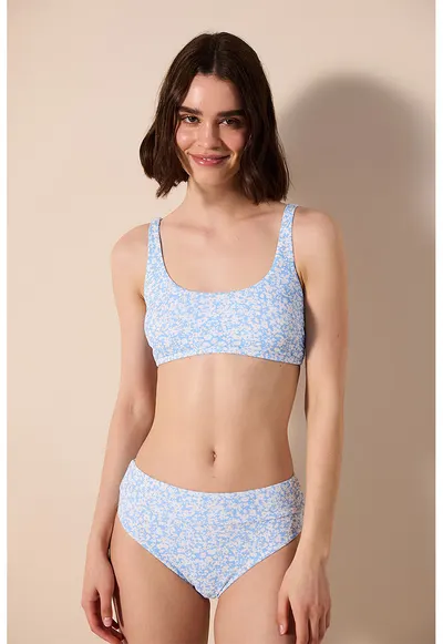 Sutien texturat de baie cu imprimeu floral - Albastru lavanda/Alb optic