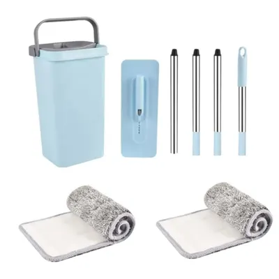 Set mop cu galeata PAA-home®, mop plat din microfibra, cuve separate pentru spalare si uscare, 2 lavete pentru mop incluse, orificiu scurgere apa, cap