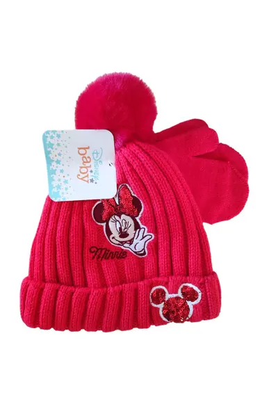 Set caciula si manusi Minnie - rosu - 48 - material acrilic - cu pompon si detalii brodate