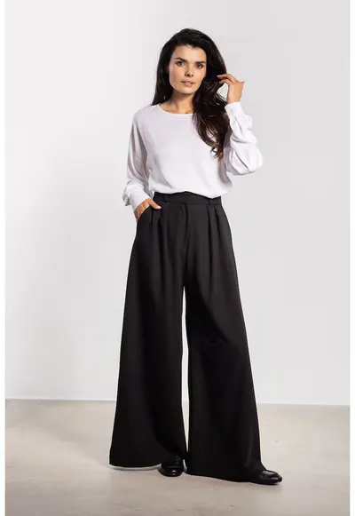 Pantaloni dama - picior larg - talie inalta - negru - poliester/elastan