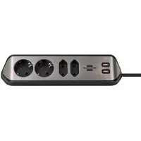 Prelungitor pentru perete/colt Brennenstuhl Estilo 4 prize, 2 USB, 3.1 A, 2m Inox, adeziv inclus, argintiu-negru 1153590410