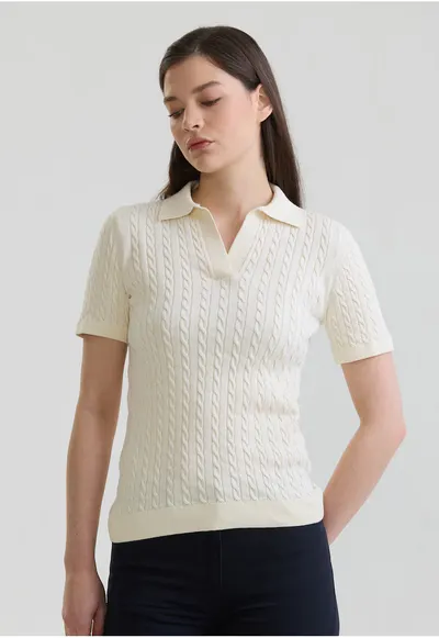 Tricou polo slim fit cu torsade - Alb fildes