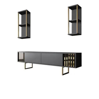 Comoda TV GOLD LINE, cu rafturi de perete, antracit + negru, 180x30x48 cm