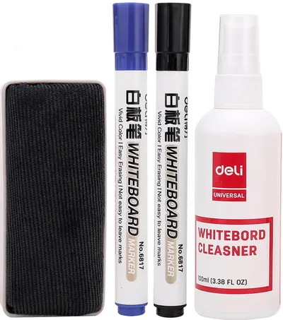 Set universal de tablă albă Deli - E7839, 2 markere, burete, spray