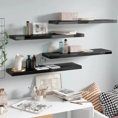 Gossi rafturi de perete 4 buc. negru extralucios, 90x23,5x3,8 cm, mdf
