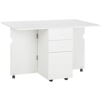 HOMCOM Masa de Bucatarie pliabila cu 2 Sertare si Dulapior cu Usi, Masa Plianta cu 6 Roti din PAL, 120x80x75 cm, Alb