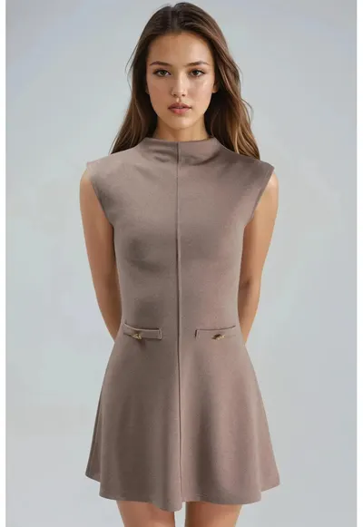 Rochie Mini Guler Inalt - Detaliu Buzunar - Bej Natural - Textil