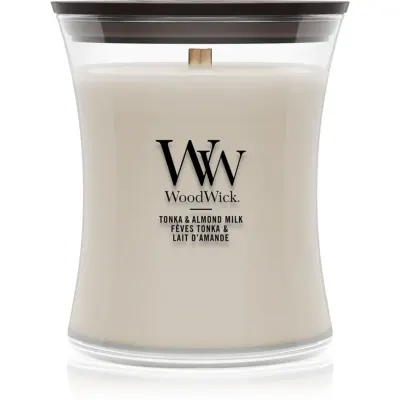 Woodwick Tonka & Almond Milk lumânare parfumată cu fitil din lemn 275 g