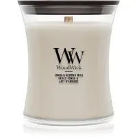 Woodwick Tonka & Almond Milk lumânare parfumată cu fitil din lemn 275 g