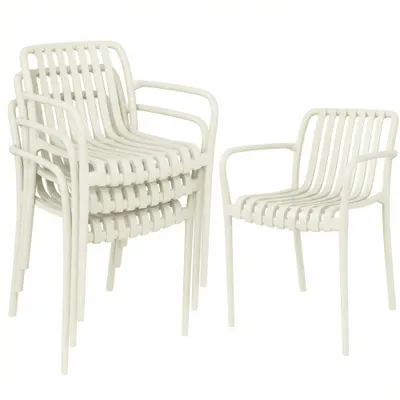Outsunny Set 4 scaune de grădină stivabile, scaune de terasă cu design în lamele și cotiere, ergonomice, alb crem | Aosom Romania