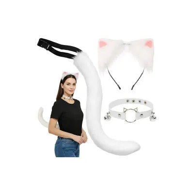 Set 3 in 1 pentru Halloween, costum pisica/vulpe alba, coada, choker, cordeluta urechi