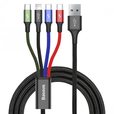 Cablu Incarcare USB-A - Lightning / microUSB / 2 x USB-C Baseus Rapid 4in1, 20W, 1.2m, Negru CA1T4-B01
