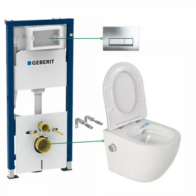Set vas wc suspendat cu functie bideu si baterie crom Foglia Oslo, rezervor wc incastrat si clapeta crom lucios, Geberit Delta 51