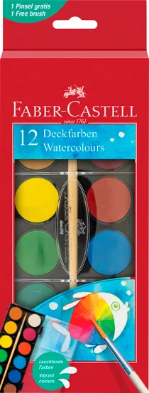 Acuarele 12 culori 30 mm + pensula Faber Castell