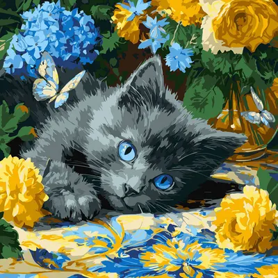 Set pentru pictură după numere Ideyka - Pisică cu ochi albaștri, 40 x 40 cm