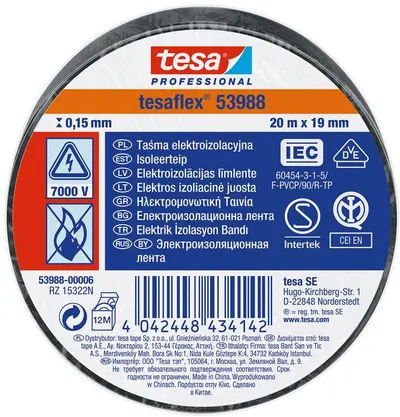 Bandă izolatoare Tesa - Negru, 19 mm x 20 m