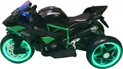 Motocicleta electrica pentru copii Novokids Ninja Trio Motocross Negru-Verde, maxim 30 kg, melodii si lumini Led, bluetooth, 3 roti