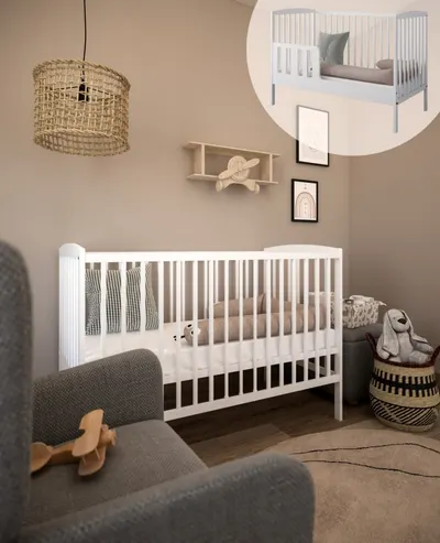 Patut 2 in 1 Pure alb din lemn cu somiera reglabila, trepte detasabile si bariera transformare 120 x 60 cm
