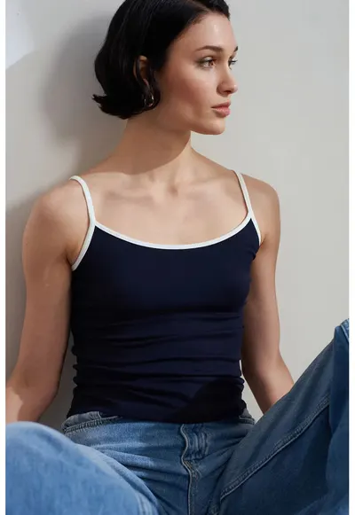 Bluza dama - fara maneci - color-block - bleumarin - tricot subtire