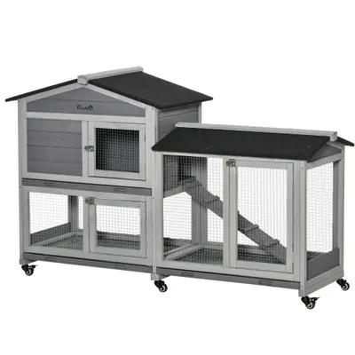 PawHut Cușcă pentru Iepuri cu 2 Niveluri, 6 Roți, Tavă Detașabilă, Rampă și Plasă Metalică, 157.4x53x99.5 cm, Gri | Aosom Romania