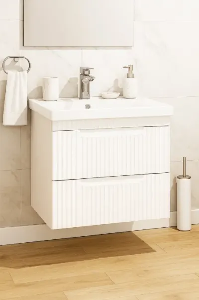 Set Baza front MDF si Lavoar seria 733, suspendata, cu sertare, montat, 60 cm, alb rustic