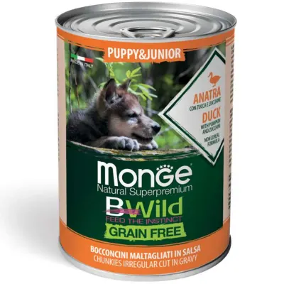MONGE BWild Adult Mini, XS-S, Rață și dovleac, conservă hrană umedă fără cereale câini, (în sos), 400g