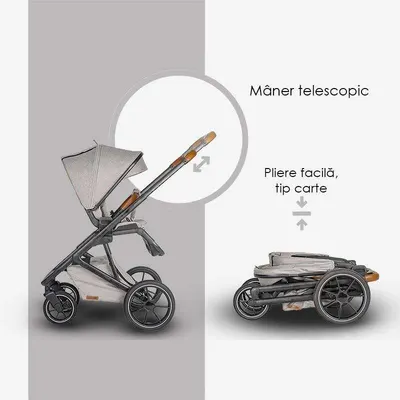 Carucior modular 2in1 Coccolle Nessia certificat EN1881-2-2018 pana la 22 kg, Roti mari de cauciuc cu suspensie, Piesa reversibila, Landou cu saltea anti-reflux, Copertina XXL cu protectie UV 50+, Maner telescopic, Pliere compacta, Diamond Black