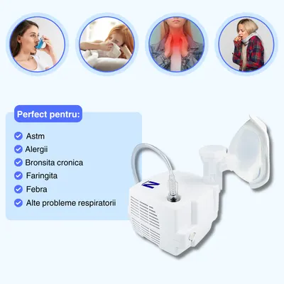 Aparat de aerosoli Novama N, nebulizator cu compresor, functionare continua, sistem de economisire a medicamentului, fabricat fara bisfenol si ftalati cu masca pentru copii si adulti SoftTouch si mustiuc