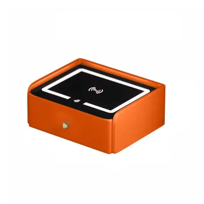 Noptiera inteligenta cu incarcare wireless, iluminare LED, 1 sertar de depozitare – portocalie, design modern din sticla si lemn