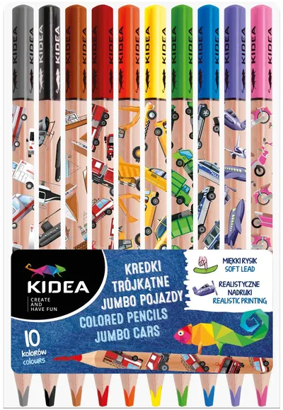 Set de creioane colorate Kidea - Jumbo Mașini, 10 Ghiozdan școlar