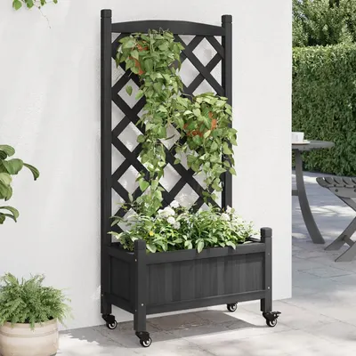 Gossi jardiniera cu spalier si roti, negru, lemn masiv de brad