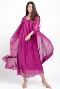 Compleu cu rochie si blazer din matase si vascoza, magenta