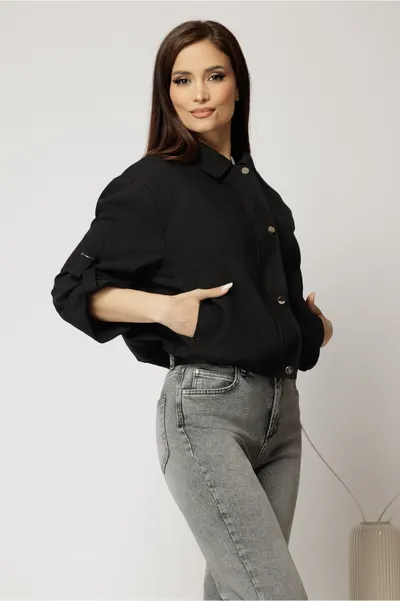Jacheta neagra bomber cu elastic la talie si maneci trei sferturi