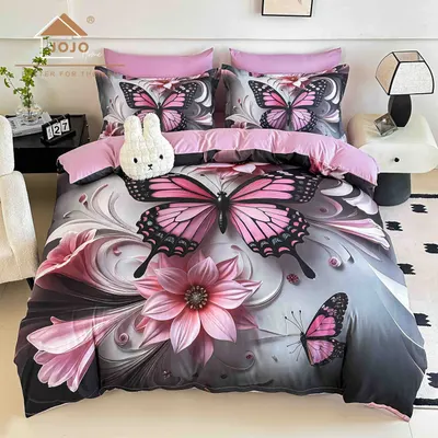 Lenjerie de Pat Bumbac Finet 5D 6 Piese cu Elastic 180x200 , Pink Butterfly Dream
