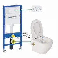 Set vas wc suspendat cu functie bideu si baterie auriu mat Foglia Oslo, rezervor incastrat si clapeta alb lucios, Geberit Delta