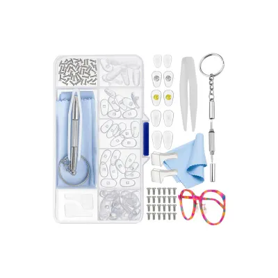 Kit reparare ochelari, tampoane nazale, suruburi, surubelnita 3 in 1, 126 piese, trusa compartimentata