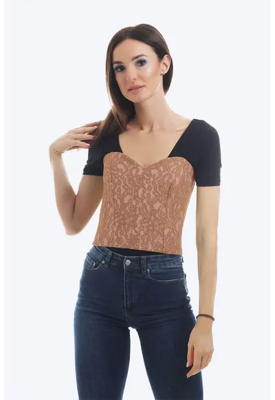 Corset din dantela cu detaliu cu siret - Roz prafuit