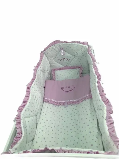 Lenjerie de pat bebelusi brodata Fii binecuvantat ingeras 140x70 cm stelute roz